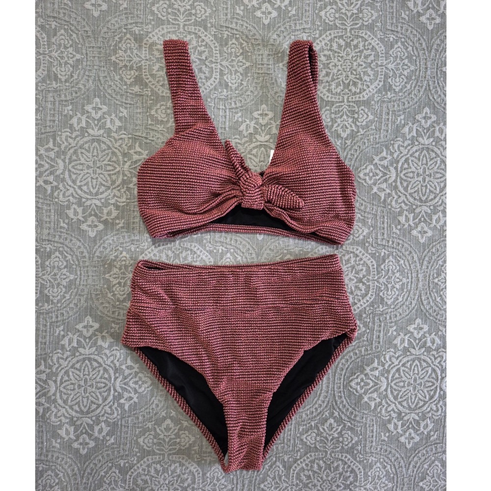 Hanna Nikole Womens Pink Textured Tie Front High Waisted Bikini Set NWT Size S